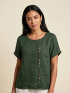 Women's Button Blouse with Crew Neck and Relaxed Silhouette