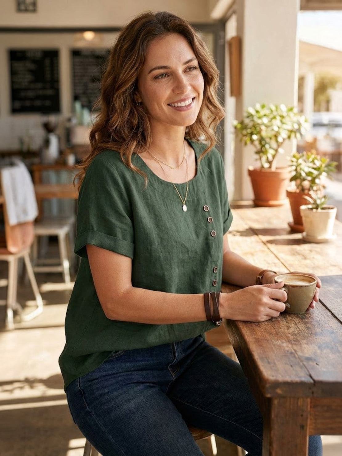 Women's Button Blouse with Crew Neck and Relaxed Silhouette