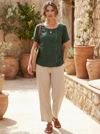 Women's Button Blouse with Crew Neck and Relaxed Silhouette