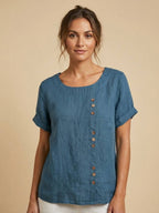 Women's Button Blouse with Crew Neck and Relaxed Silhouette