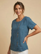 Women's Button Blouse with Crew Neck and Relaxed Silhouette