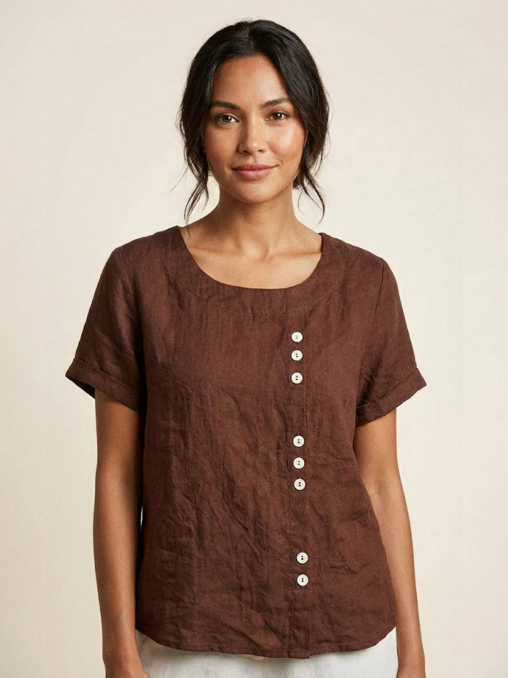 Women's Button Blouse with Crew Neck and Relaxed Silhouette