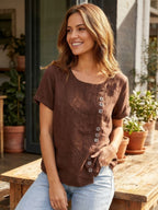 Women's Button Blouse with Crew Neck and Relaxed Silhouette