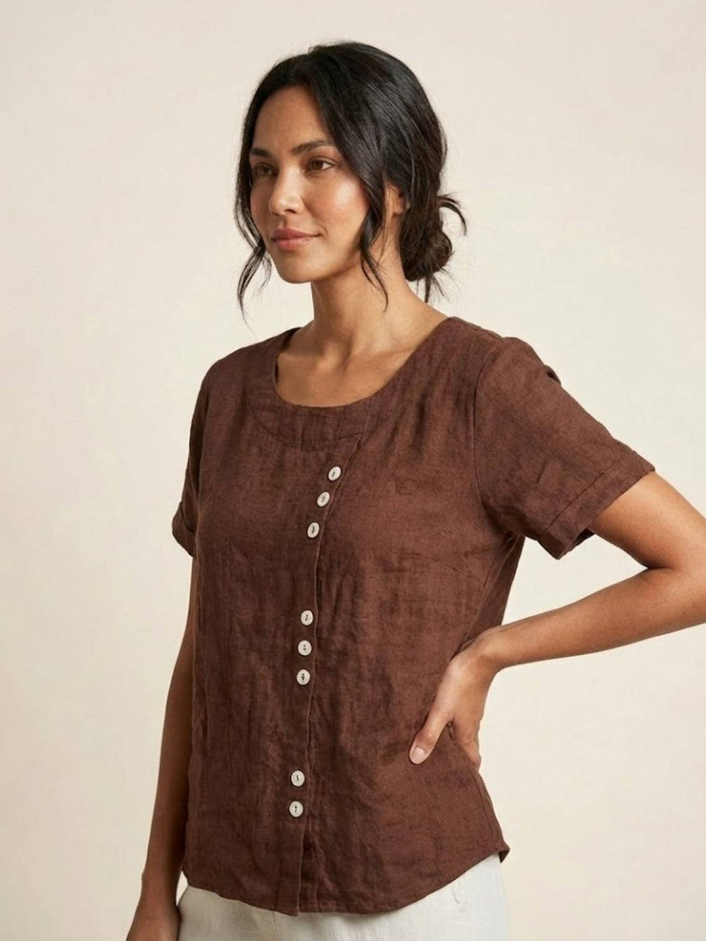 Women's Button Blouse with Crew Neck and Relaxed Silhouette
