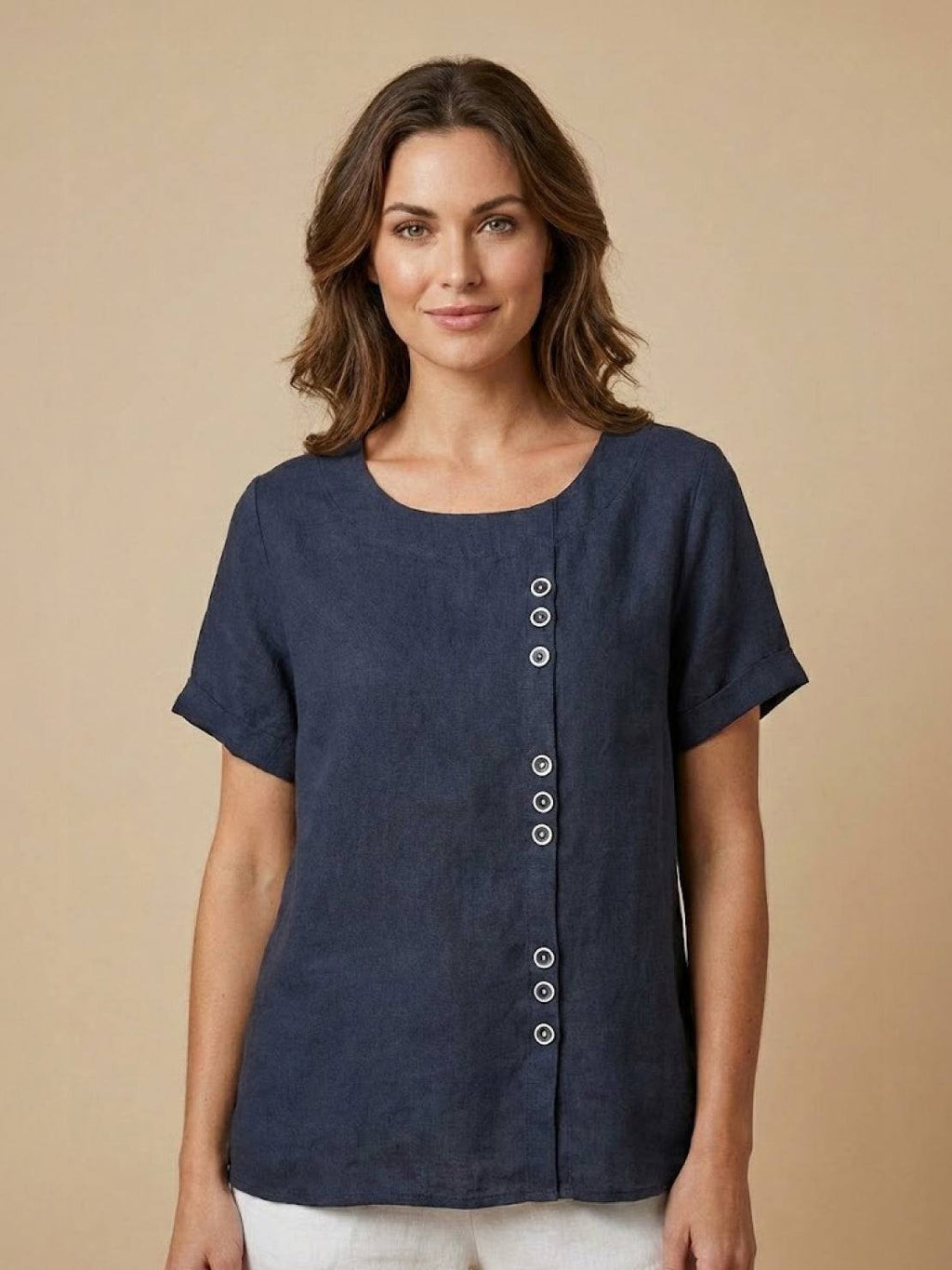 Women's Button Blouse with Crew Neck and Relaxed Silhouette
