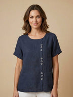 Women's Button Blouse with Crew Neck and Relaxed Silhouette