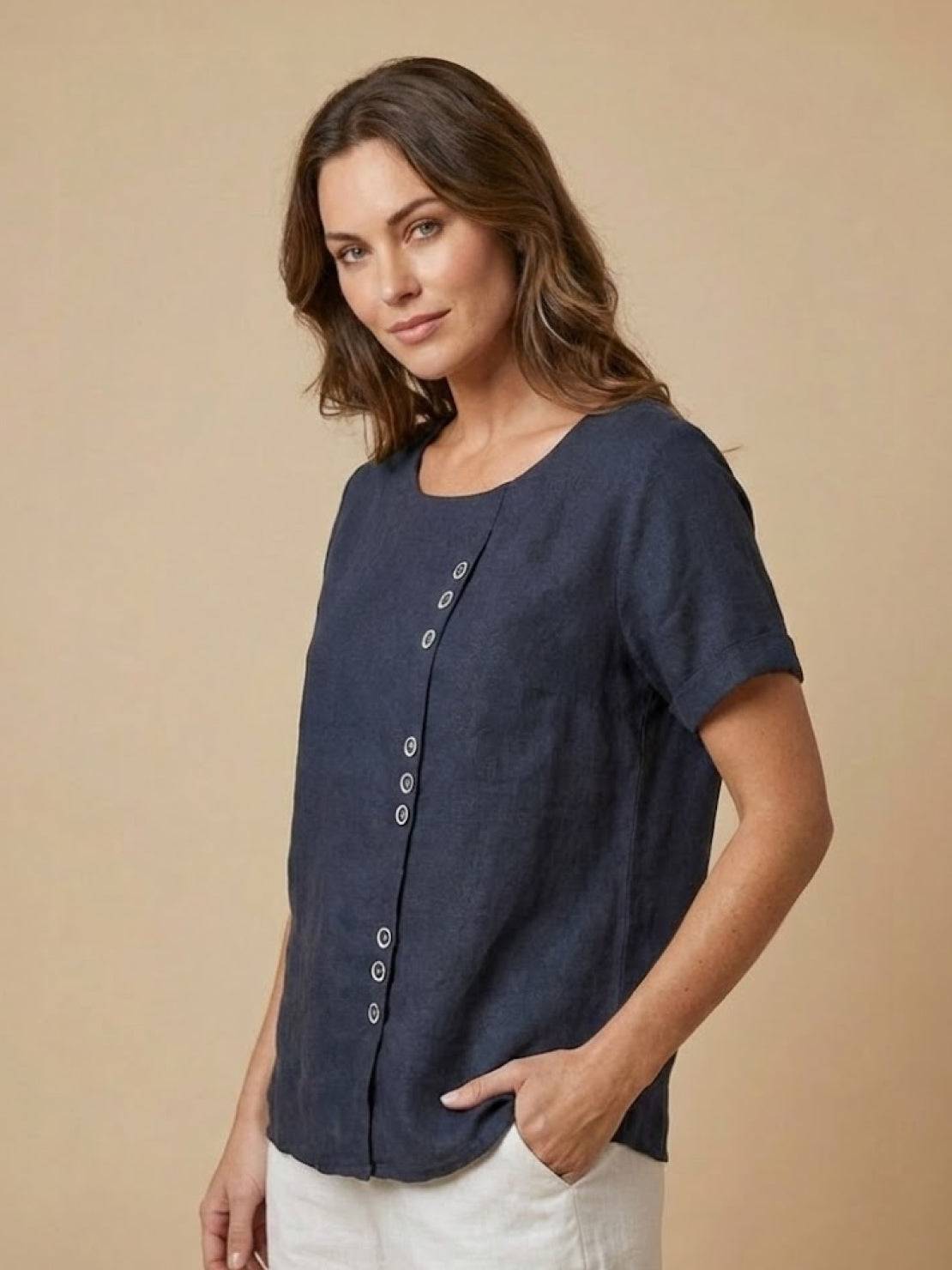 Women's Button Blouse with Crew Neck and Relaxed Silhouette