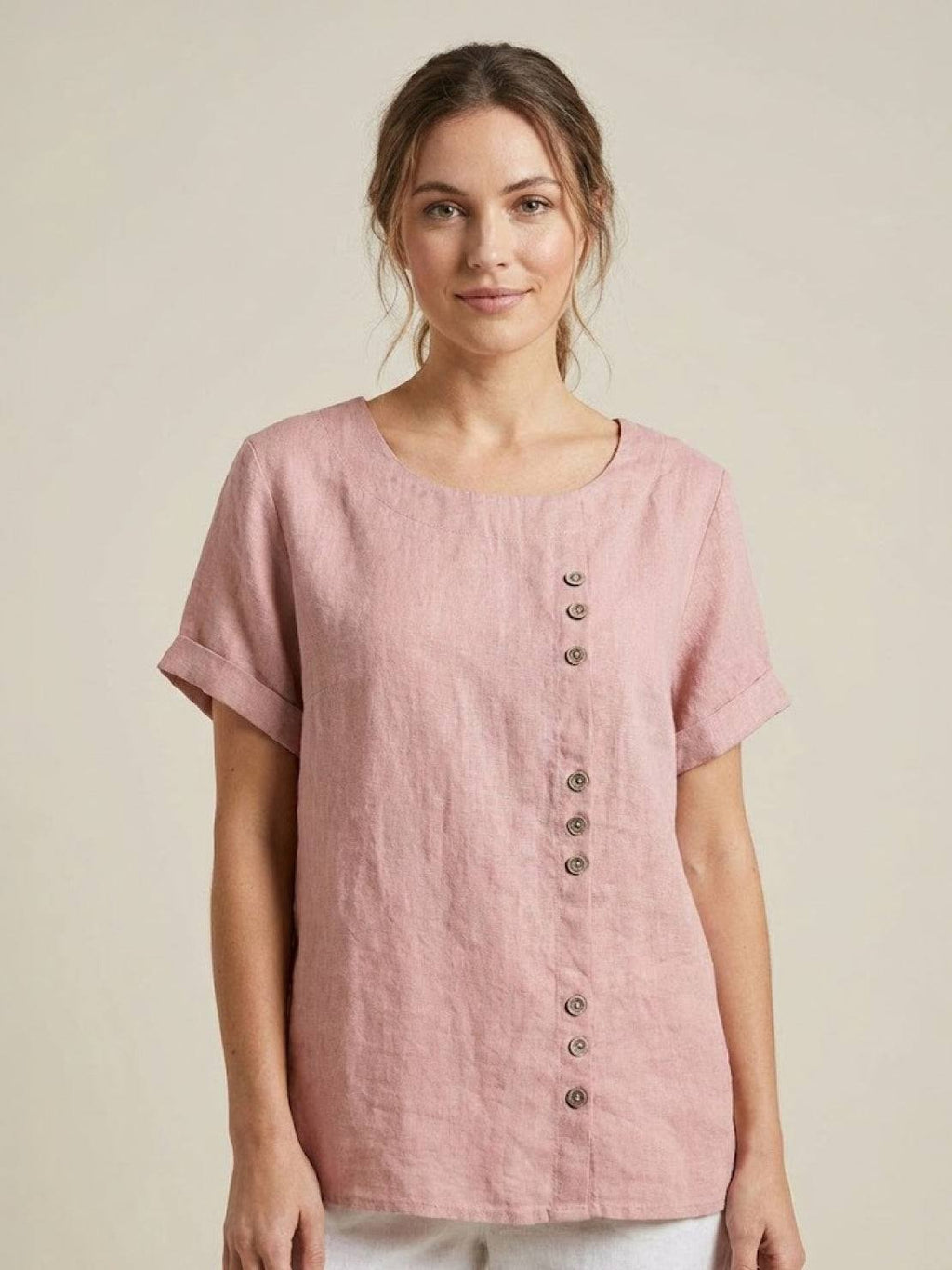 Women's Button Blouse with Crew Neck and Relaxed Silhouette