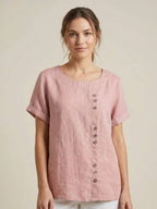 Women's Button Blouse with Crew Neck and Relaxed Silhouette