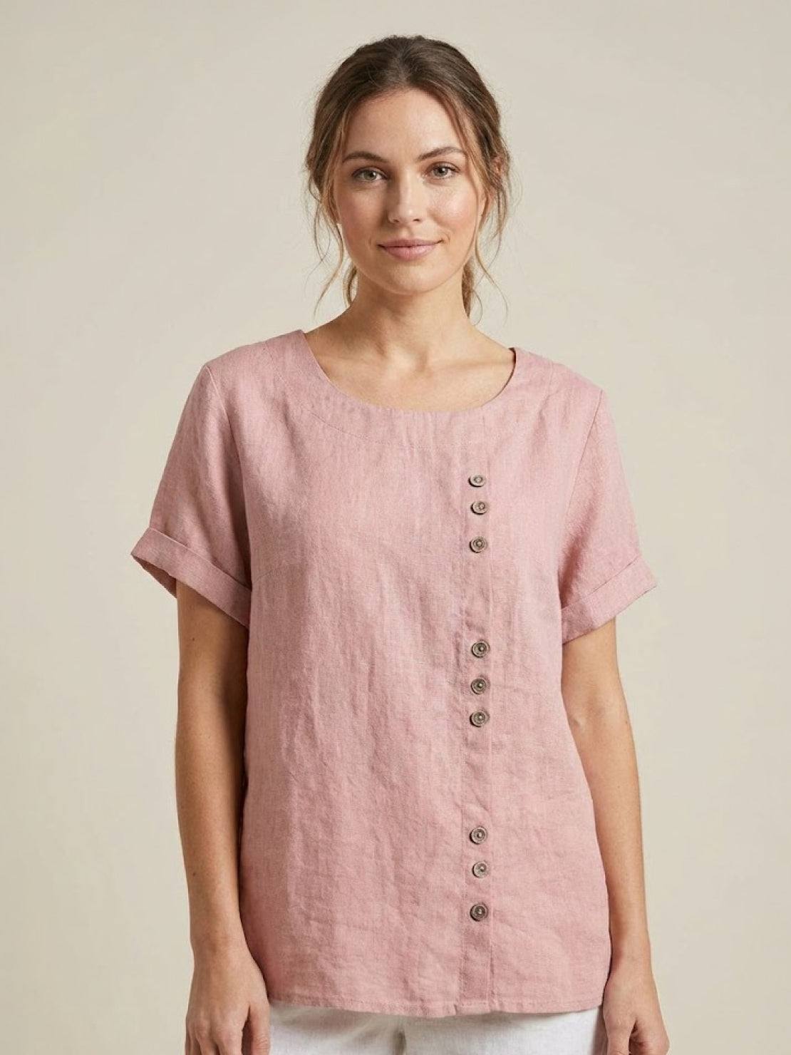 Women's Button Blouse with Crew Neck and Relaxed Silhouette