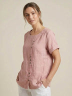 Women's Button Blouse with Crew Neck and Relaxed Silhouette