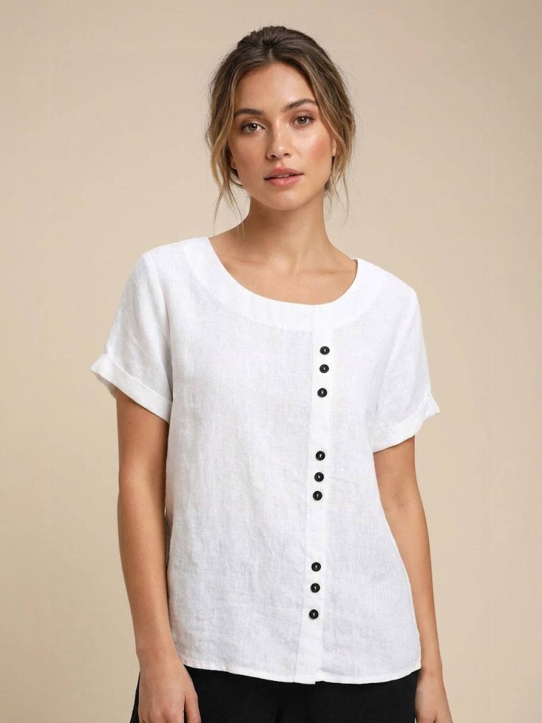 Women's Button Blouse with Crew Neck and Relaxed Silhouette