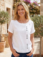 Women's Button Blouse with Crew Neck and Relaxed Silhouette