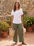 Women's Button Blouse with Crew Neck and Relaxed Silhouette