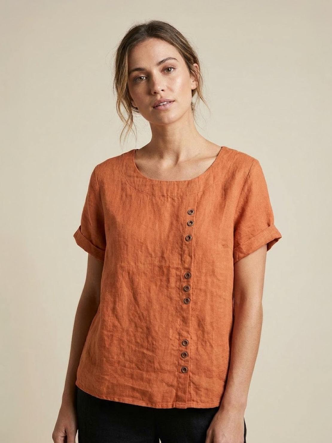 Women's Button Blouse with Crew Neck and Relaxed Silhouette