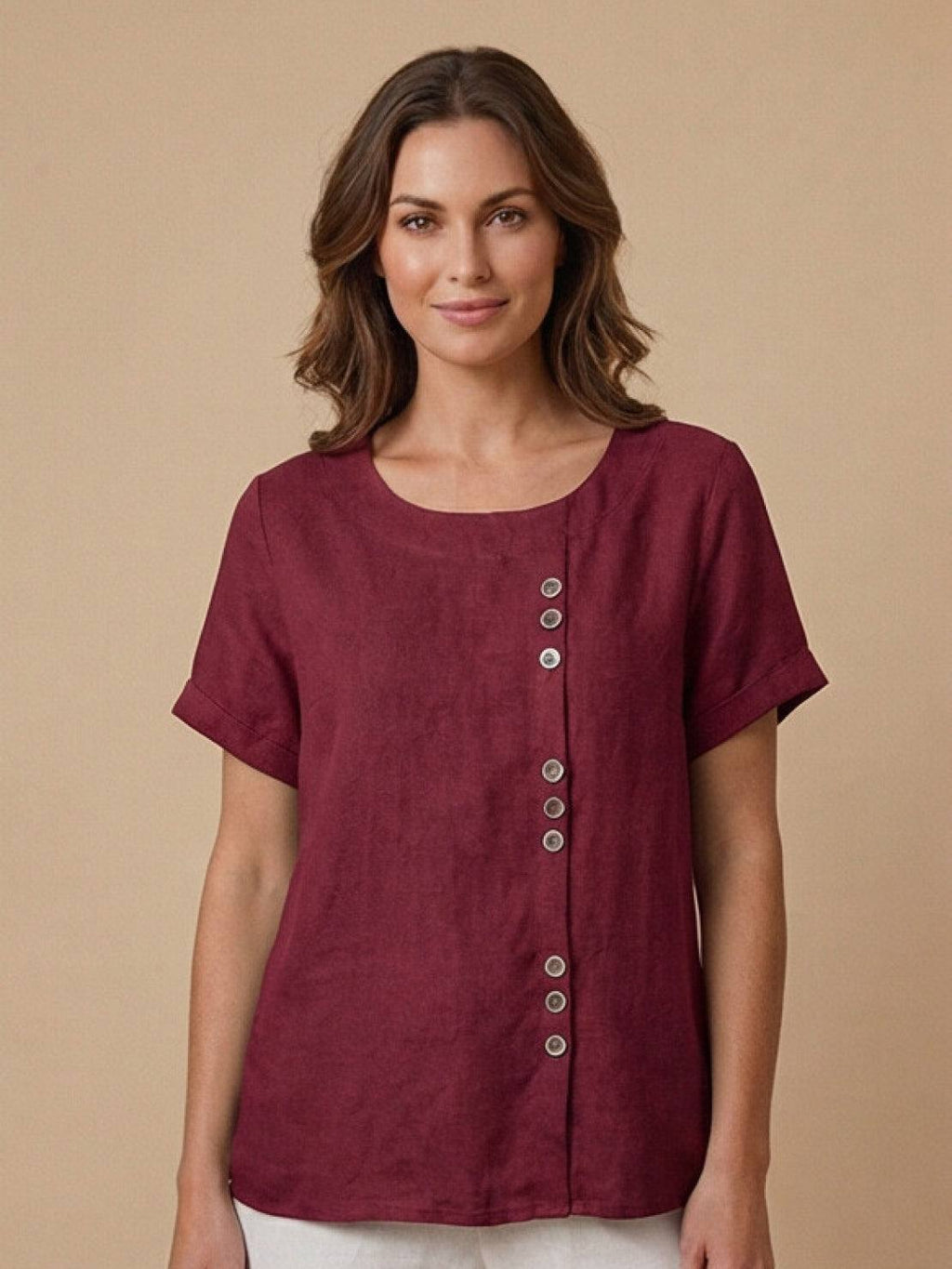 Women's Button Blouse with Crew Neck and Relaxed Silhouette