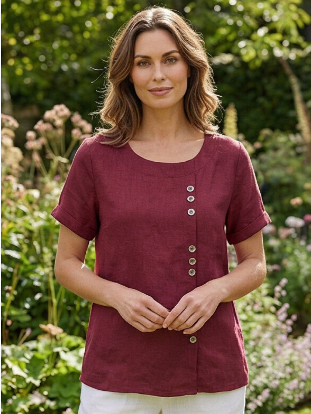 Women's Button Blouse with Crew Neck and Relaxed Silhouette