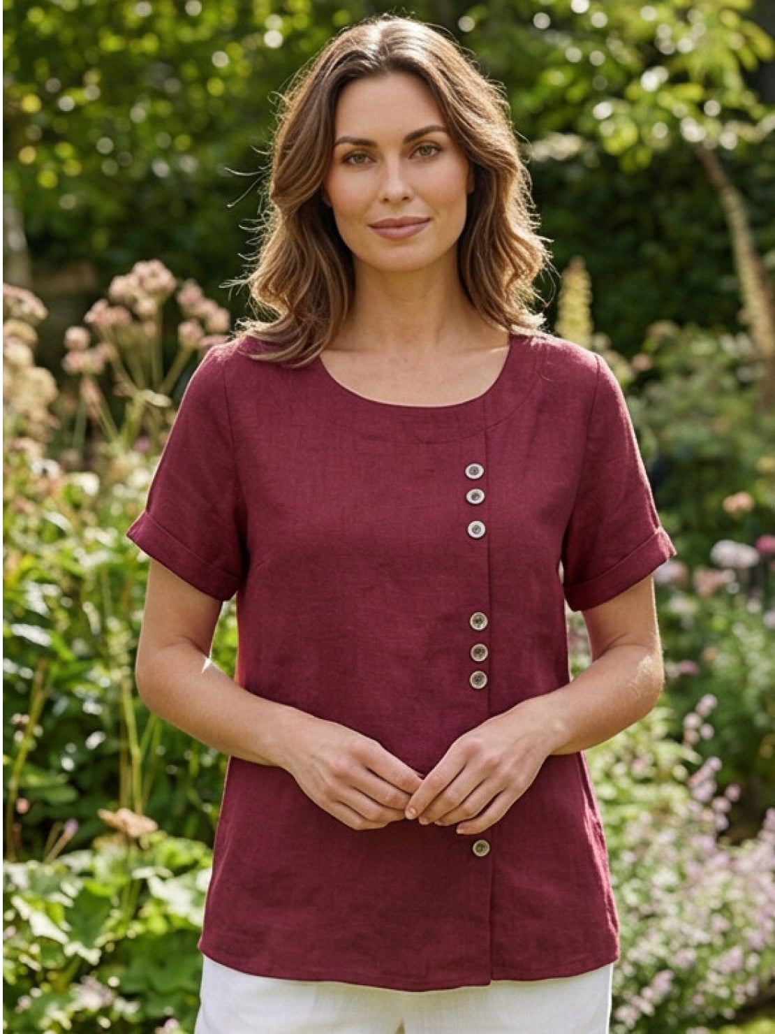 Women's Button Blouse with Crew Neck and Relaxed Silhouette