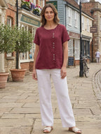 Women's Button Blouse with Crew Neck and Relaxed Silhouette