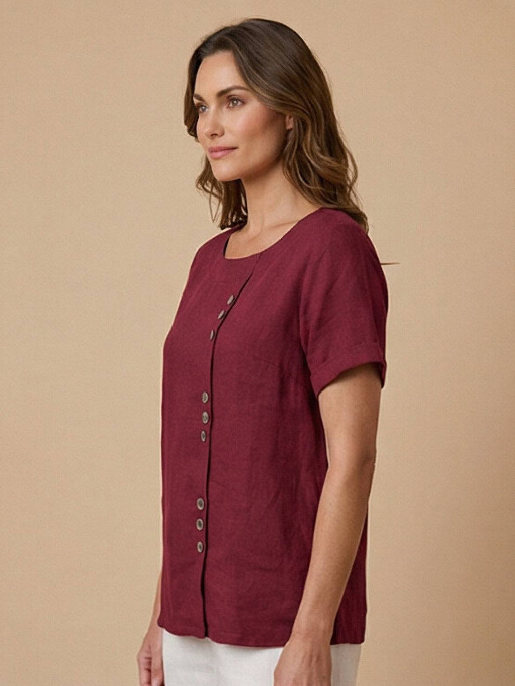 Women's Button Blouse with Crew Neck and Relaxed Silhouette