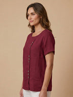 Women's Button Blouse with Crew Neck and Relaxed Silhouette
