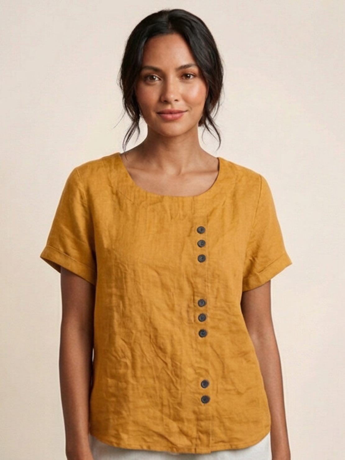 Women's Button Blouse with Crew Neck and Relaxed Silhouette