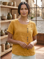 Women's Button Blouse with Crew Neck and Relaxed Silhouette