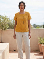 Women's Button Blouse with Crew Neck and Relaxed Silhouette