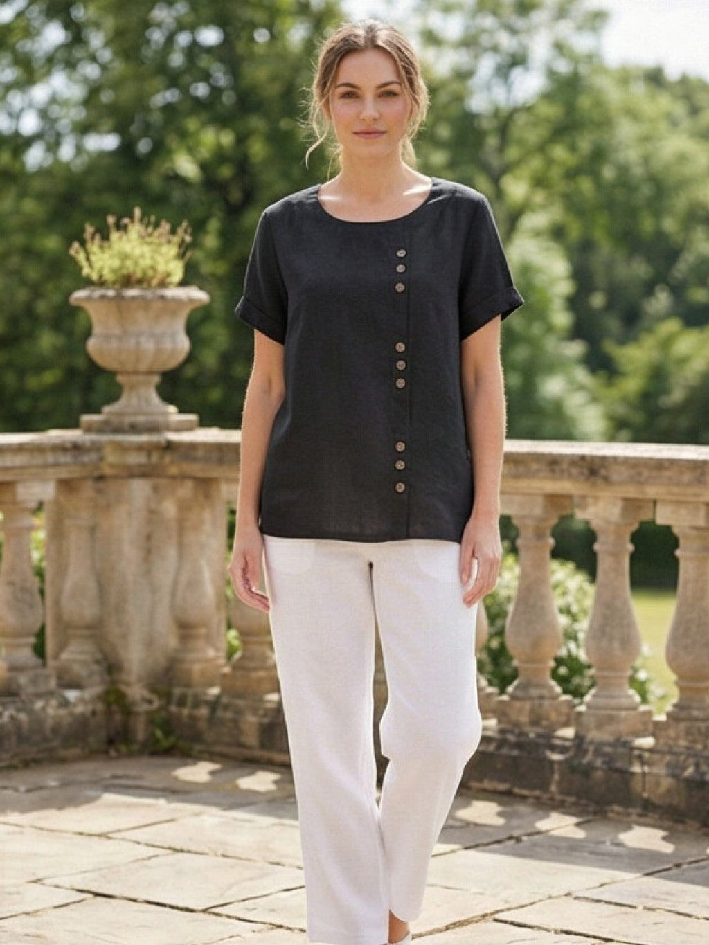 Women's Button Blouse with Crew Neck and Relaxed Silhouette