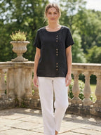 Women's Button Blouse with Crew Neck and Relaxed Silhouette