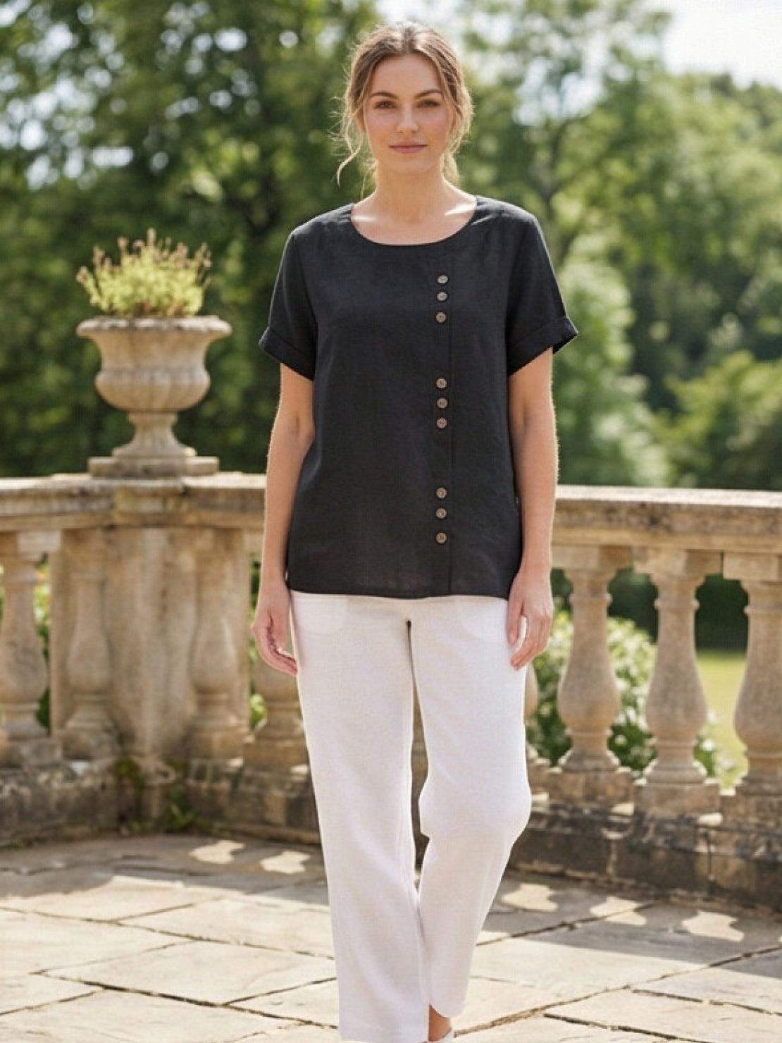 Women's Button Blouse with Crew Neck and Relaxed Silhouette