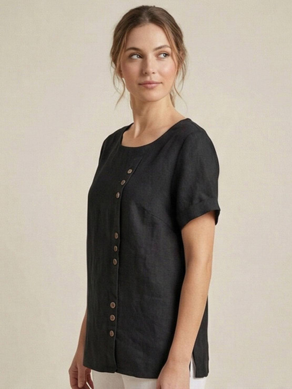 Women's Button Blouse with Crew Neck and Relaxed Silhouette