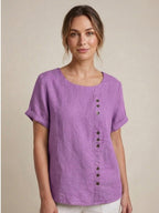 Women's Button Blouse with Crew Neck and Relaxed Silhouette