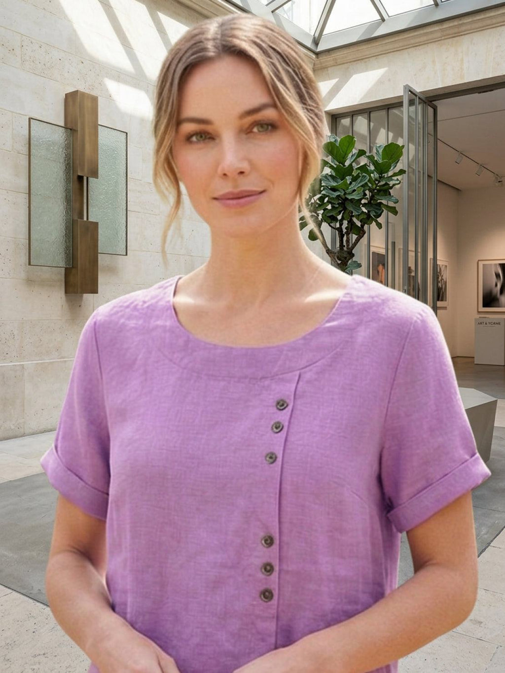 Women's Button Blouse with Crew Neck and Relaxed Silhouette