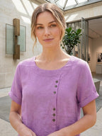 Women's Button Blouse with Crew Neck and Relaxed Silhouette