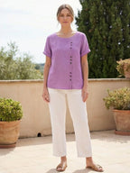 Women's Button Blouse with Crew Neck and Relaxed Silhouette