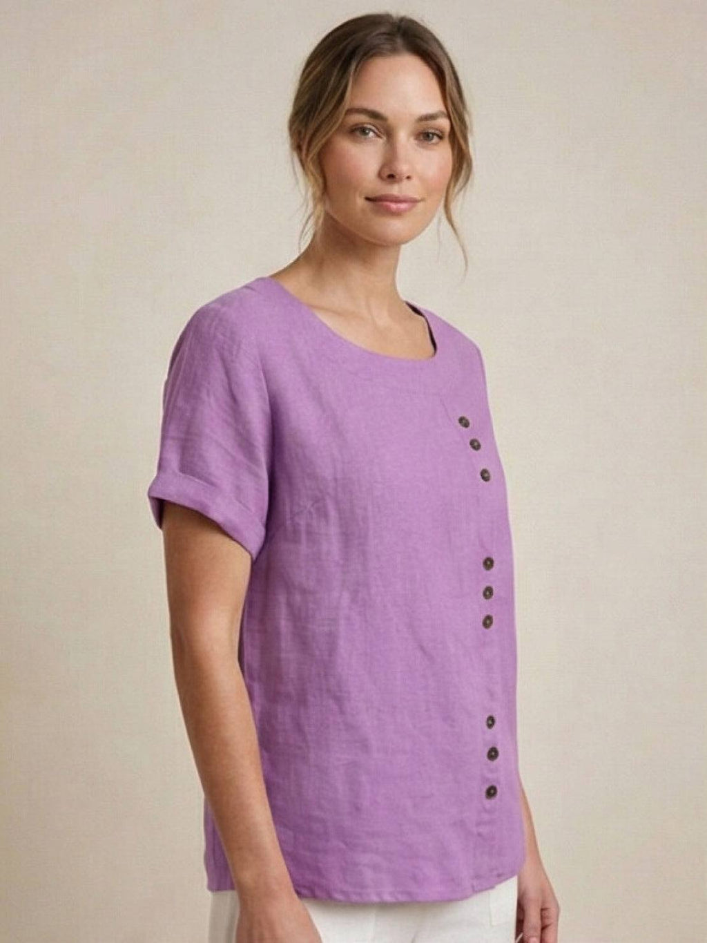 Women's Button Blouse with Crew Neck and Relaxed Silhouette
