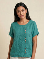 Women's Button Blouse with Crew Neck and Relaxed Silhouette