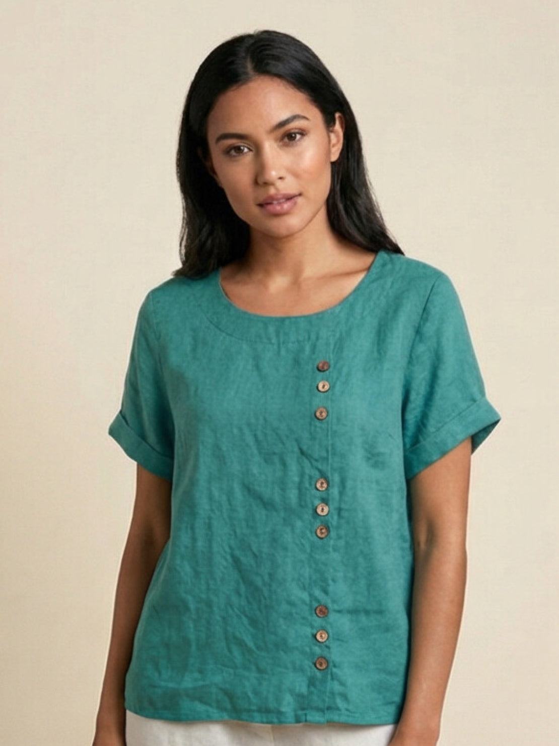 Women's Button Blouse with Crew Neck and Relaxed Silhouette