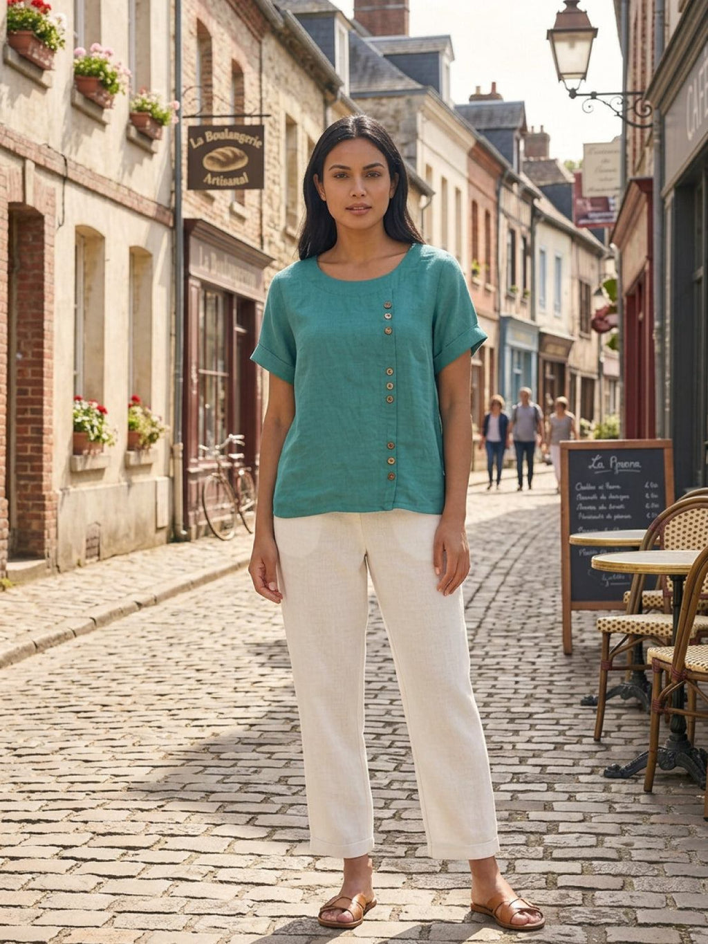 Women's Button Blouse with Crew Neck and Relaxed Silhouette