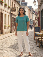 Women's Button Blouse with Crew Neck and Relaxed Silhouette