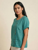 Women's Button Blouse with Crew Neck and Relaxed Silhouette