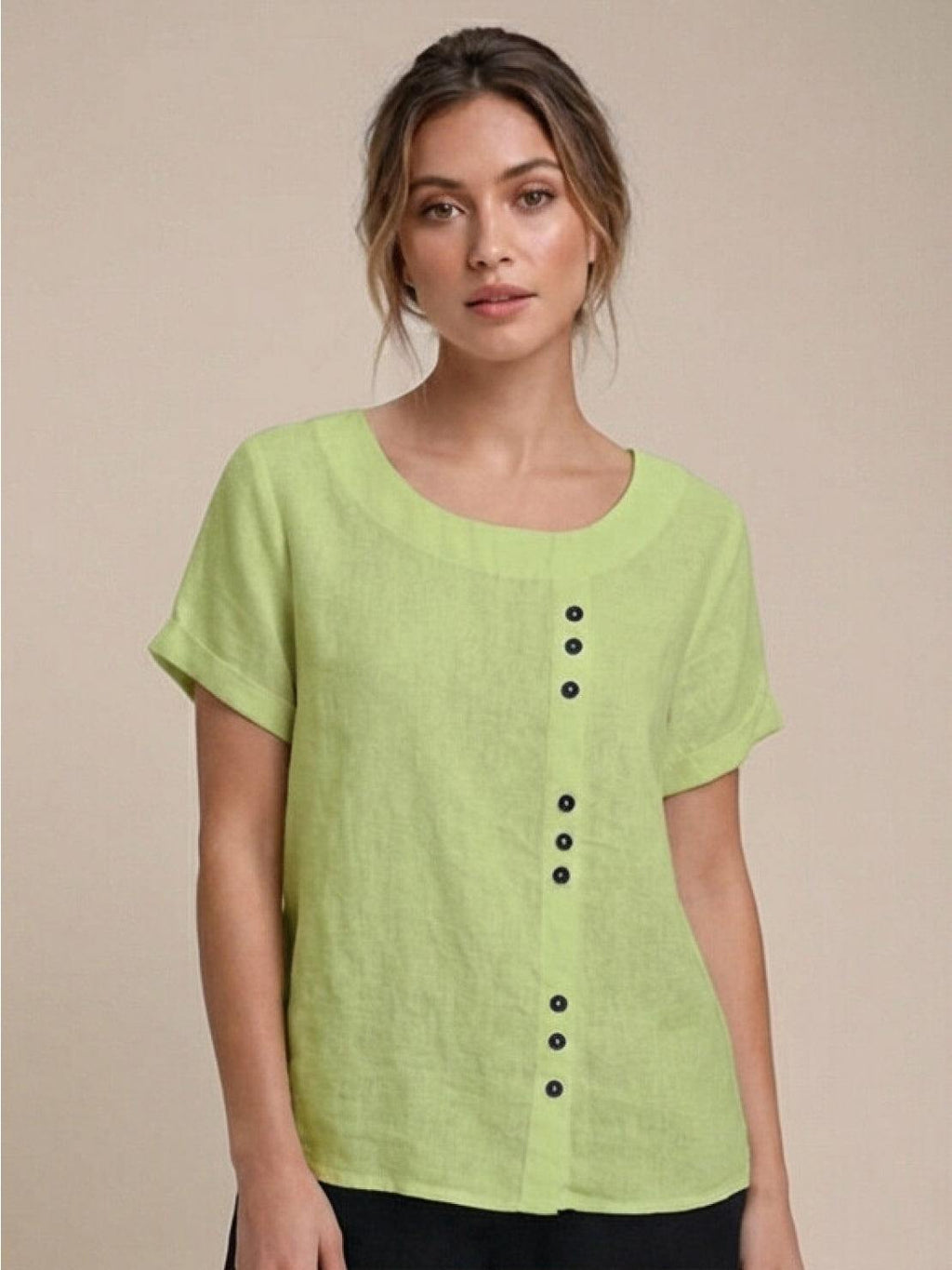 Women's Button Blouse with Crew Neck and Relaxed Silhouette