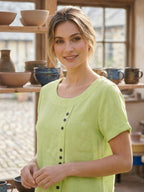 Women's Button Blouse with Crew Neck and Relaxed Silhouette