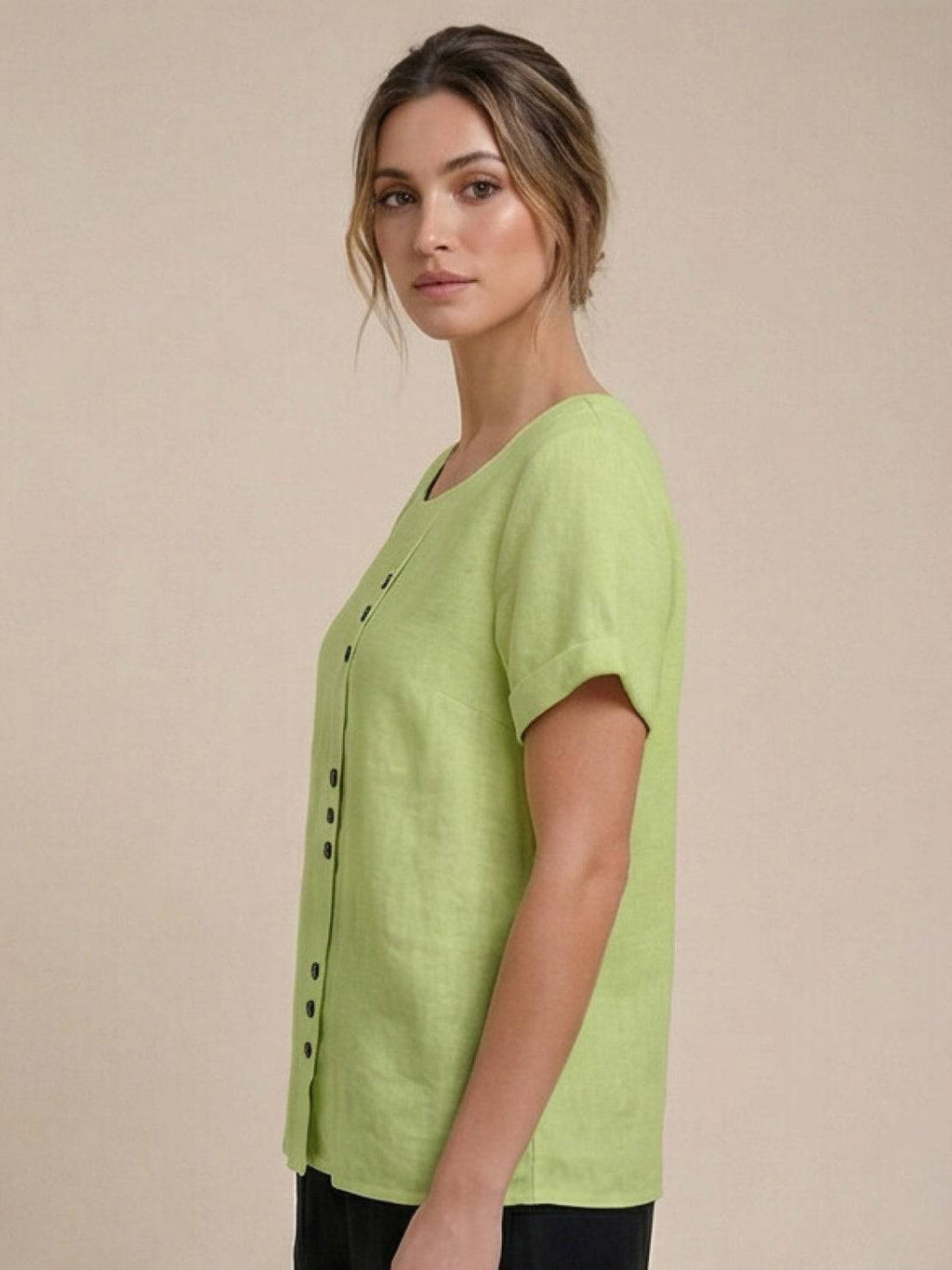 Women's Button Blouse with Crew Neck and Relaxed Silhouette
