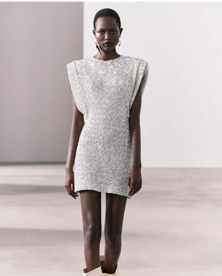 Women's Sequin Mini Dress – Statement Shoulder Sparkle Party Dress