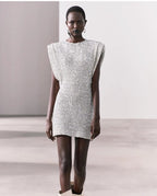 Women's Sequin Mini Dress – Statement Shoulder Sparkle Party Dress
