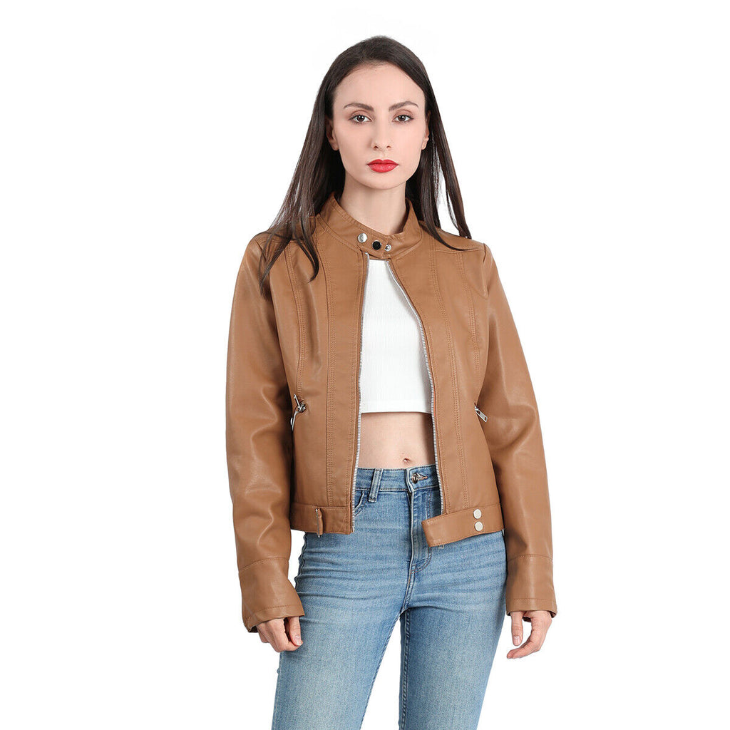 Women's Faux Leather Jacket – Retro Zip-Up Moto Jacket