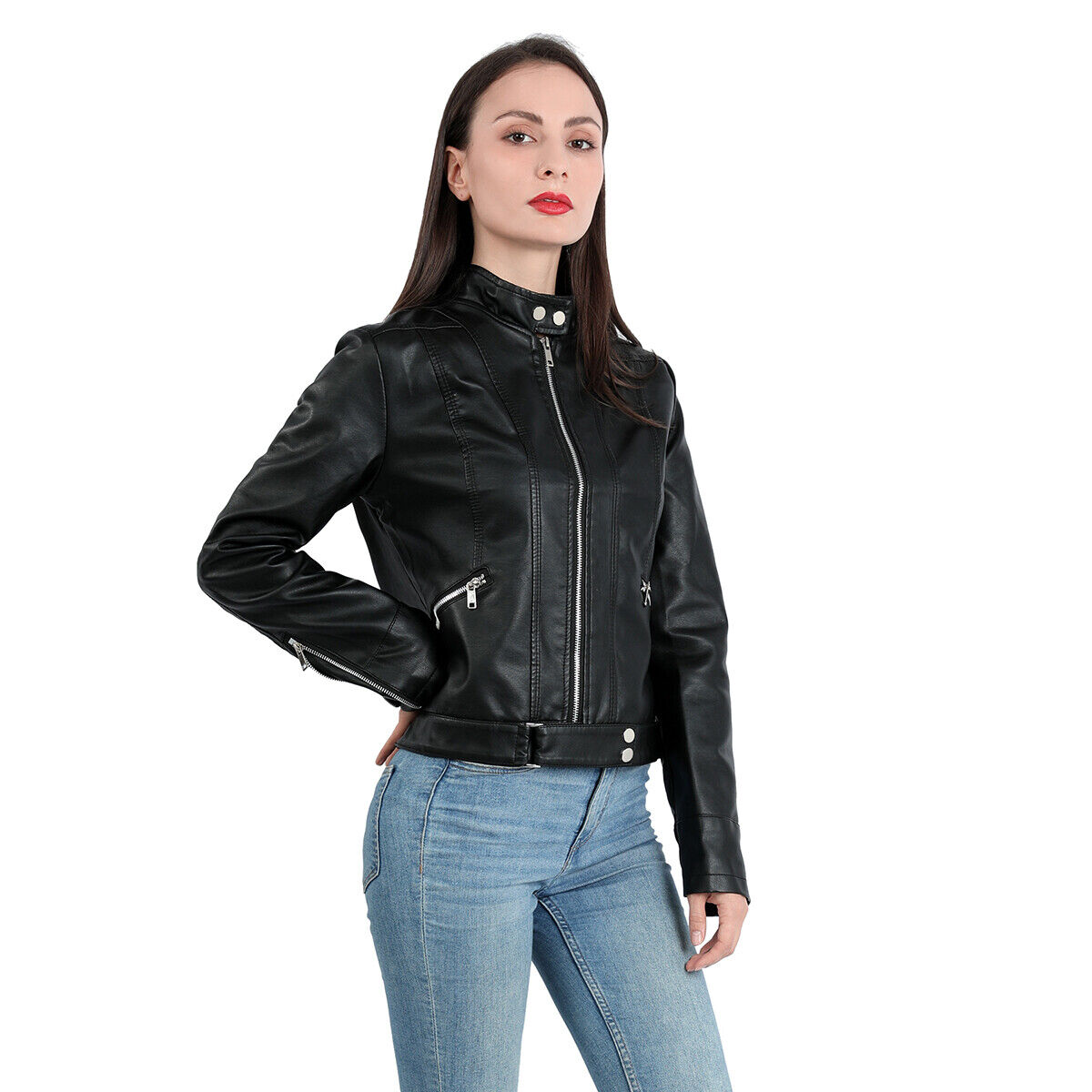 Women's Faux Leather Jacket – Retro Zip-Up Moto Jacket
