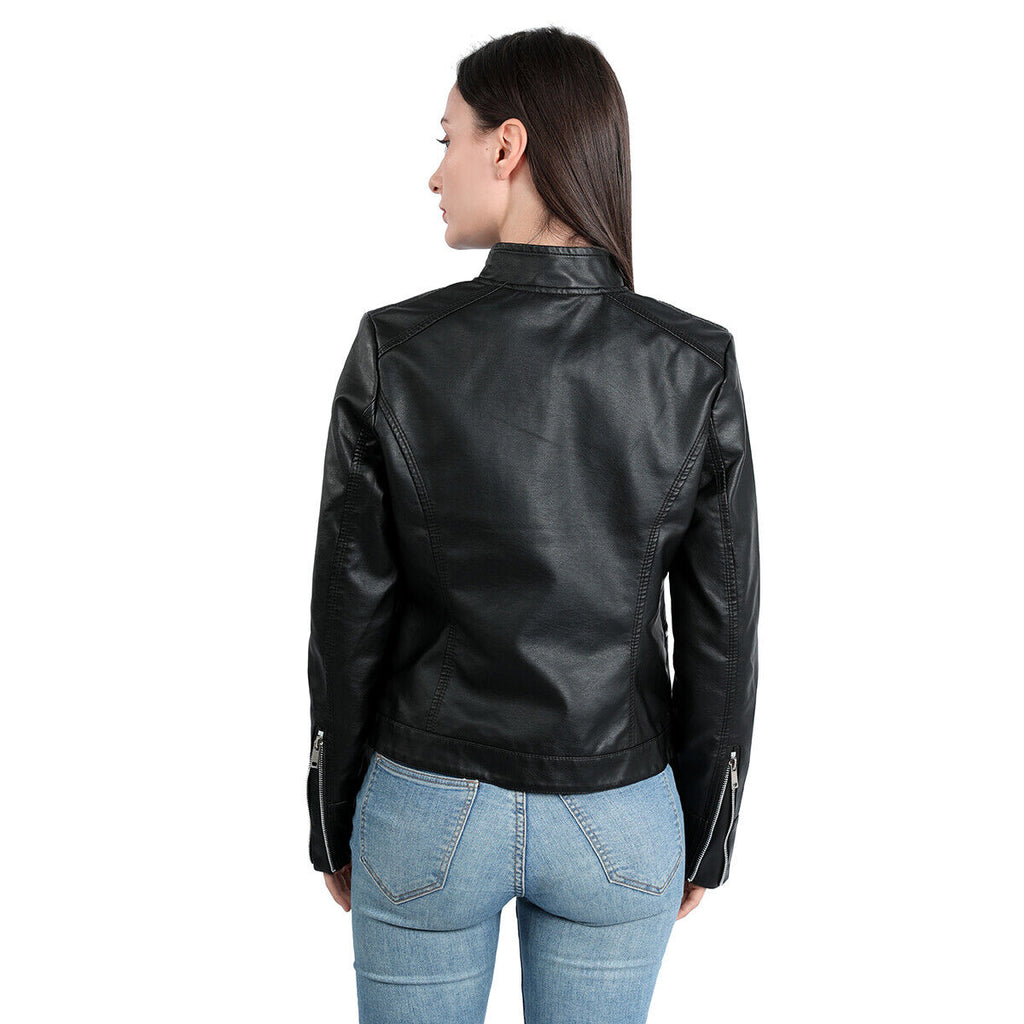Women's Faux Leather Jacket – Retro Zip-Up Moto Jacket